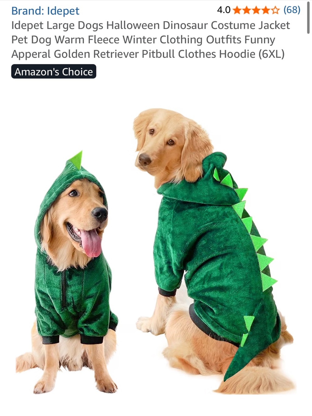 Idepet Large Dogs Halloween Dinosaur Costume Jacket Pet Dog Warm Fleece Winter